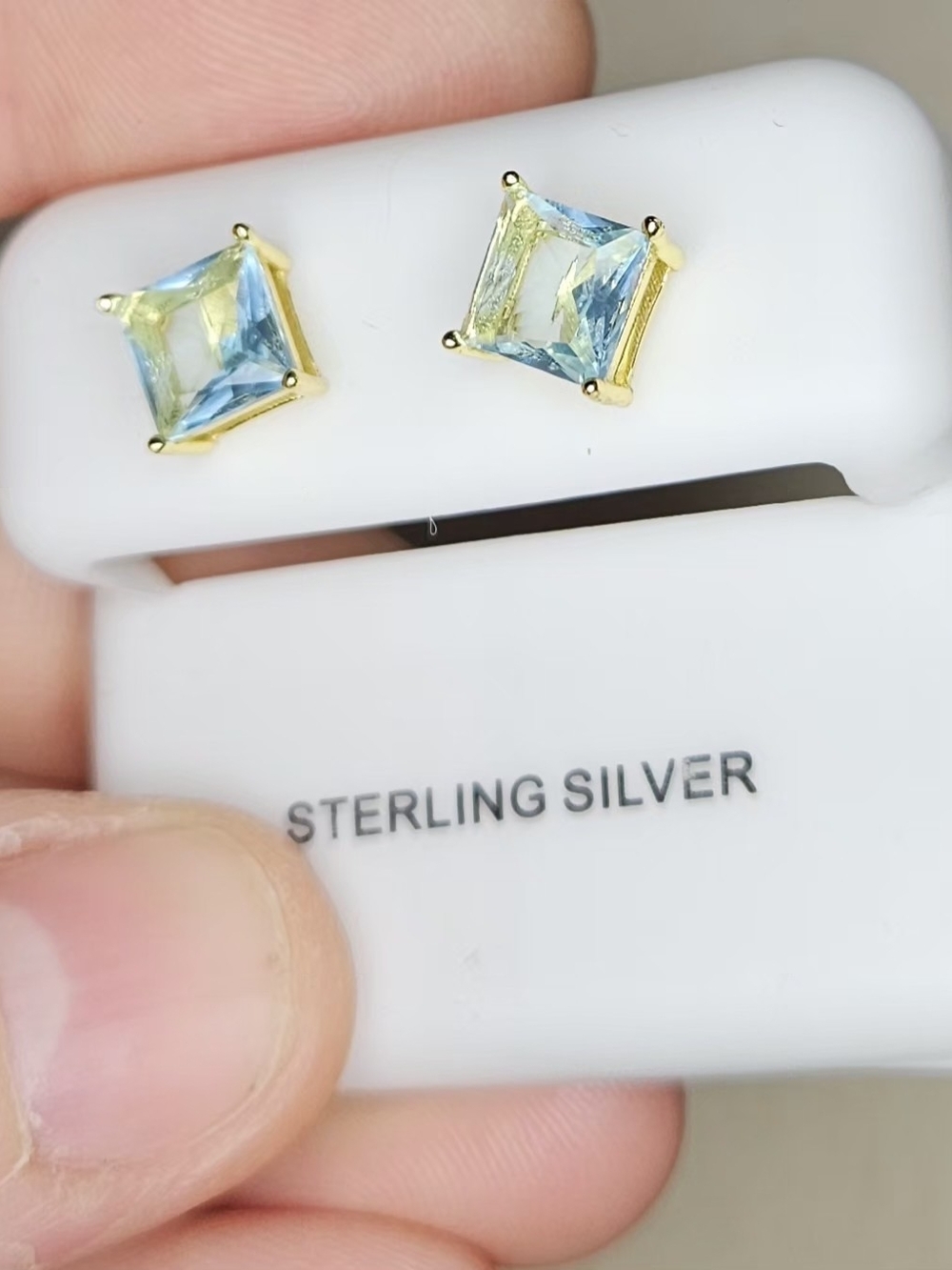 Aquamarine Square Stud Earrings 925 Sterling Silver With Gold Over